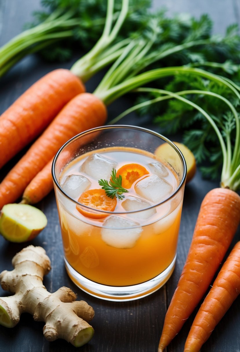 A glass of Carrot Ginger Elixir surrounded by fresh carrots and ginger root