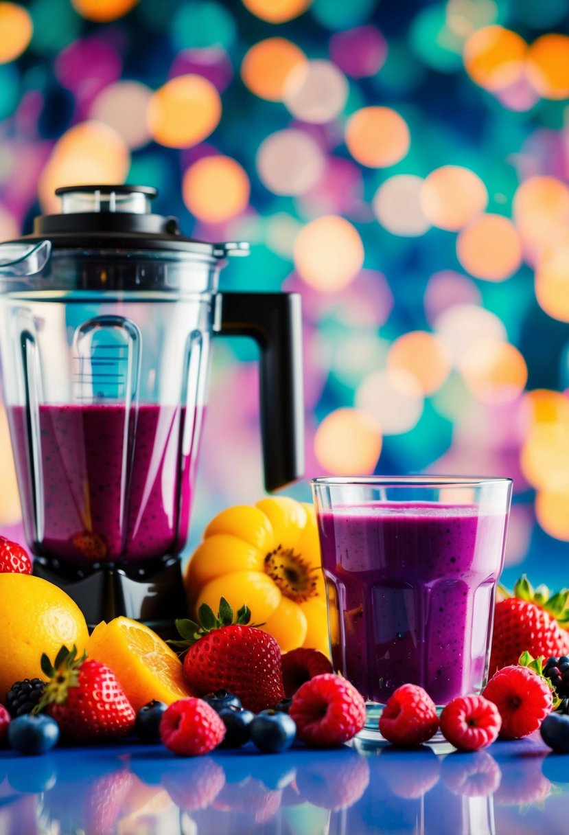 A colorful array of fresh berries, a blender, and a glass of vibrant purple juice