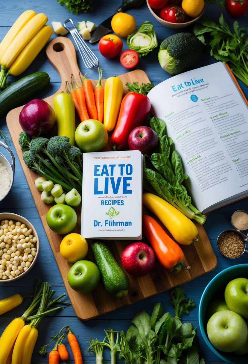 A colorful array of fresh fruits and vegetables arranged on a wooden cutting board, surrounded by various cooking utensils and a recipe book open to a page of "Eat to Live" recipes by Dr. Fuhrman