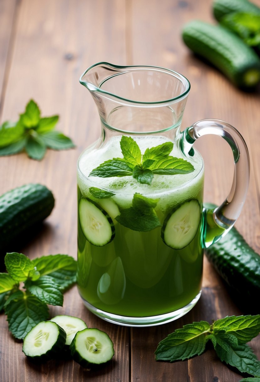 A glass pitcher filled with cucumber mint cooler juice surrounded by fresh cucumbers and mint leaves on a wooden table