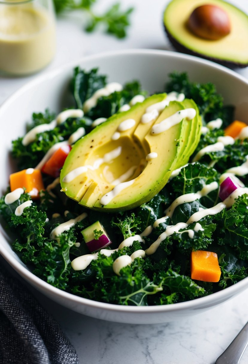 A bowl of kale and avocado salad with colorful vegetables and a drizzle of vinaigrette dressing