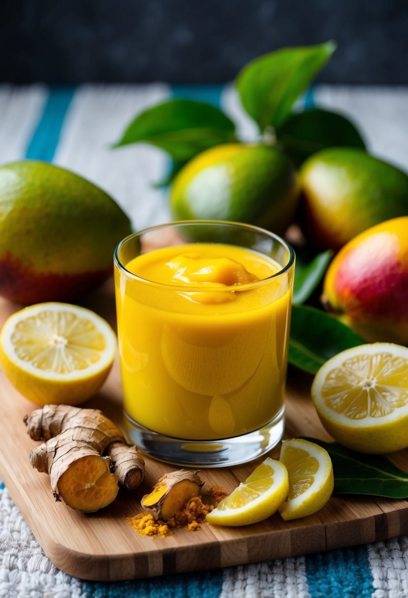 A glass of vibrant yellow Mango Turmeric Zinger juice surrounded by fresh mangoes, turmeric roots, and zesty lemons on a wooden cutting board