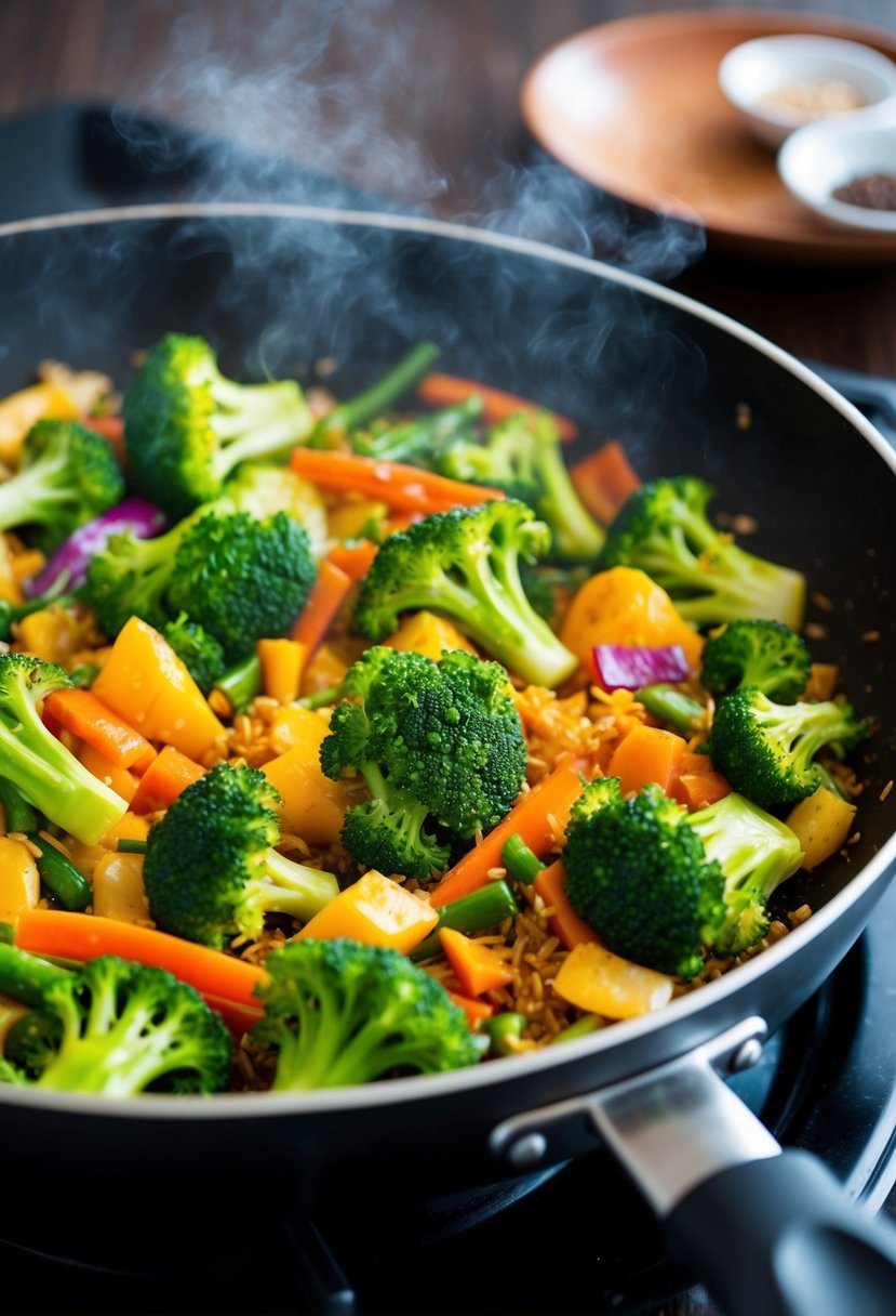 A sizzling stir-fry pan filled with vibrant broccoli, colorful vegetables, and aromatic seasonings, emitting a mouthwatering aroma