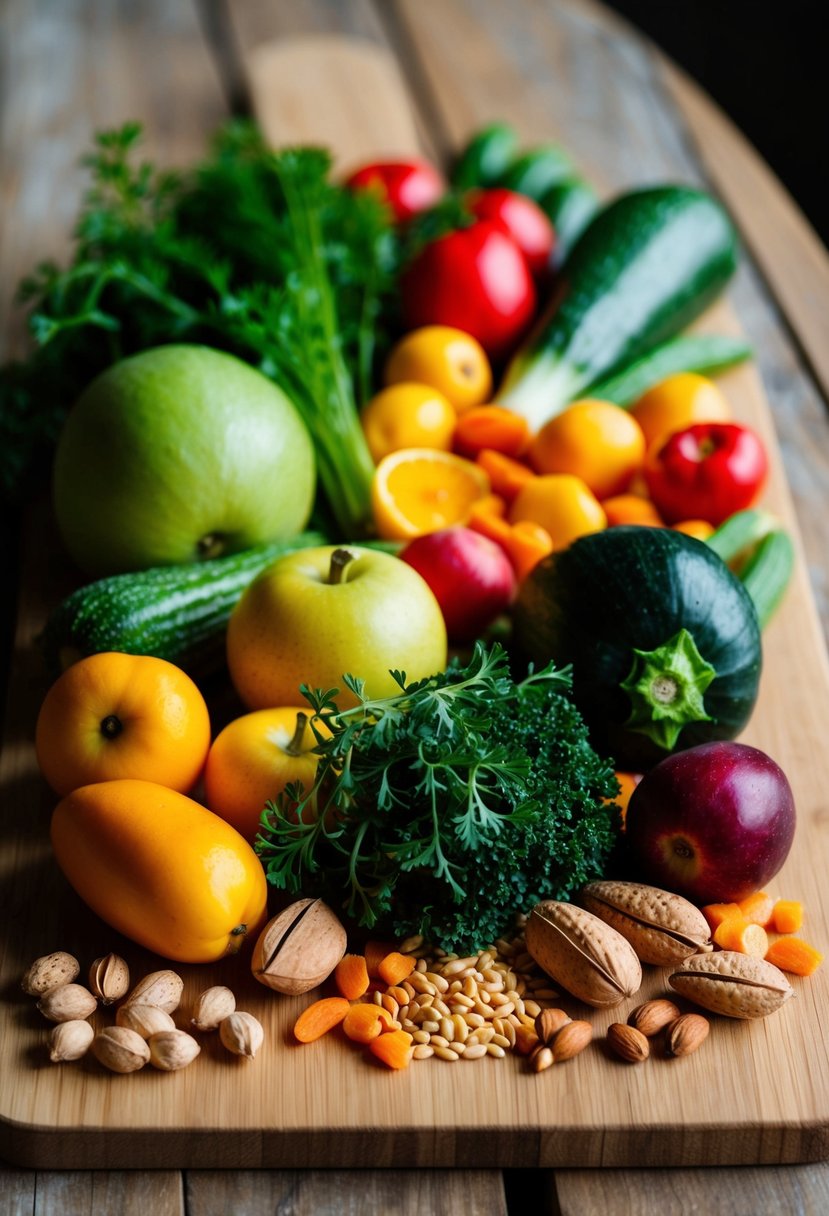 Fresh vegetables, fruits, nuts, and grains arranged on a wooden cutting board