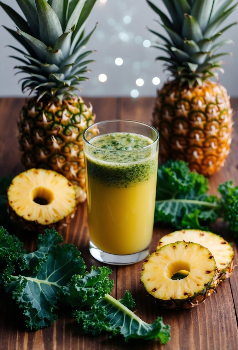 A glass of pineapple kale fusion juice surrounded by fresh pineapple and kale leaves on a wooden table