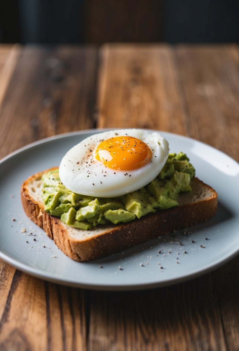 A slice of toasted bread topped with mashed avocado and a poached egg, with a sprinkle of salt and pepper