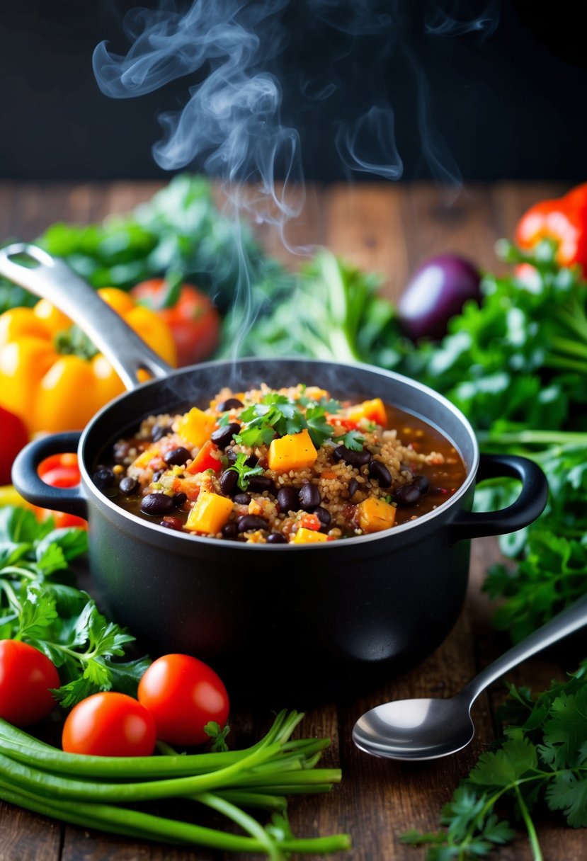 A steaming pot of quinoa and black bean chili surrounded by vibrant vegetables and herbs, with a spoon resting on the side