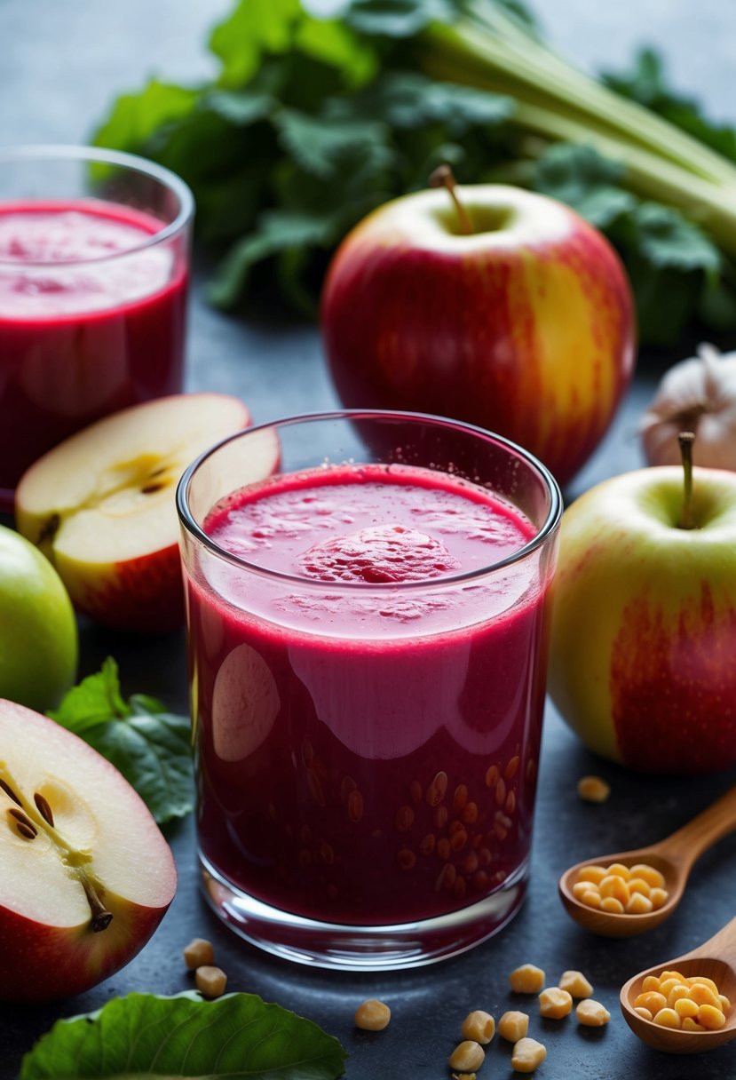 A glass of beetroot apple energizer juice surrounded by fresh ingredients