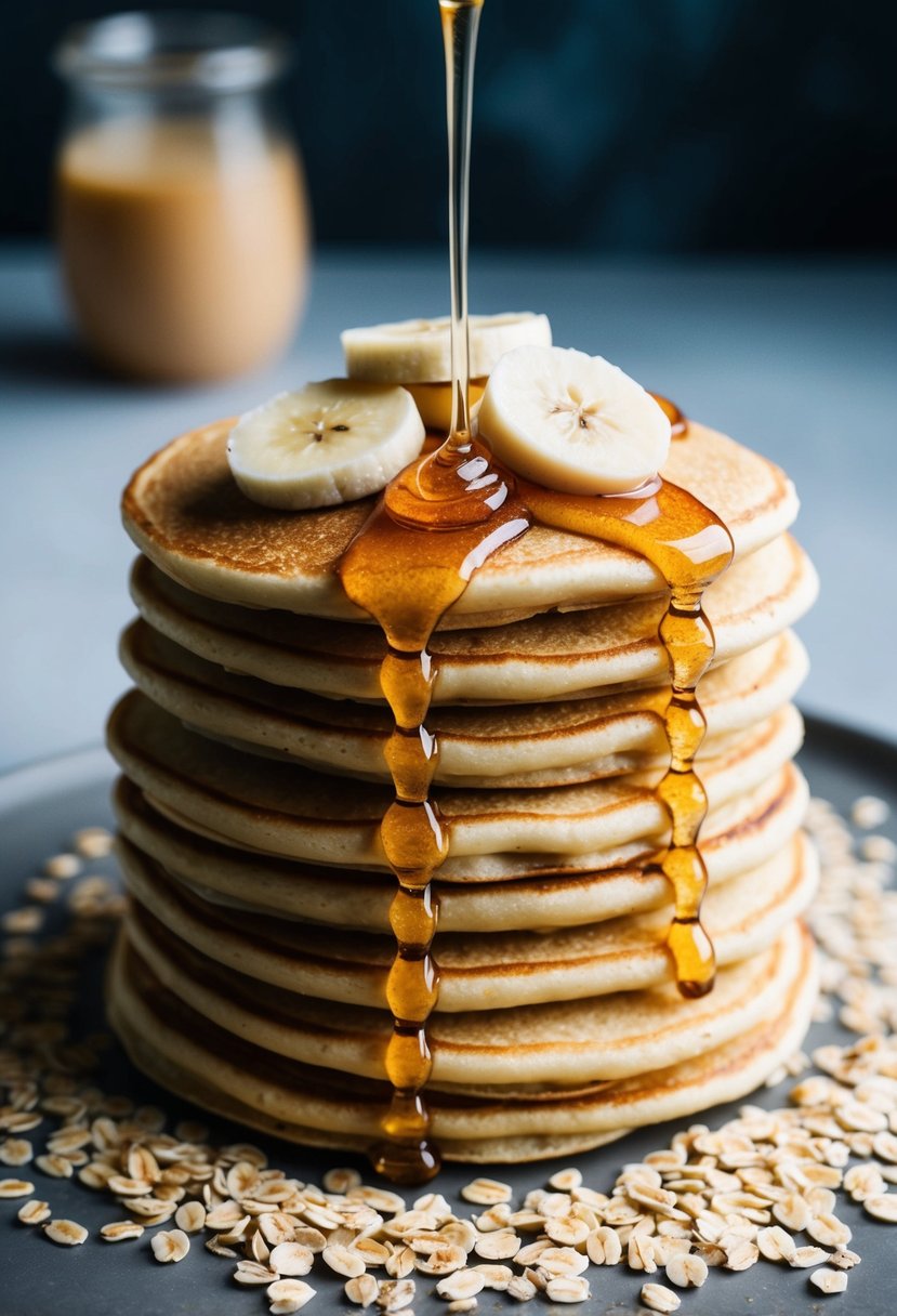 A stack of golden pancakes topped with sliced bananas and a drizzle of honey, surrounded by a scattering of oats