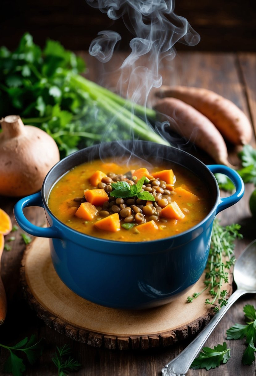 A steaming pot of sweet potato and lentil soup surrounded by fresh vegetables and herbs on a rustic wooden table