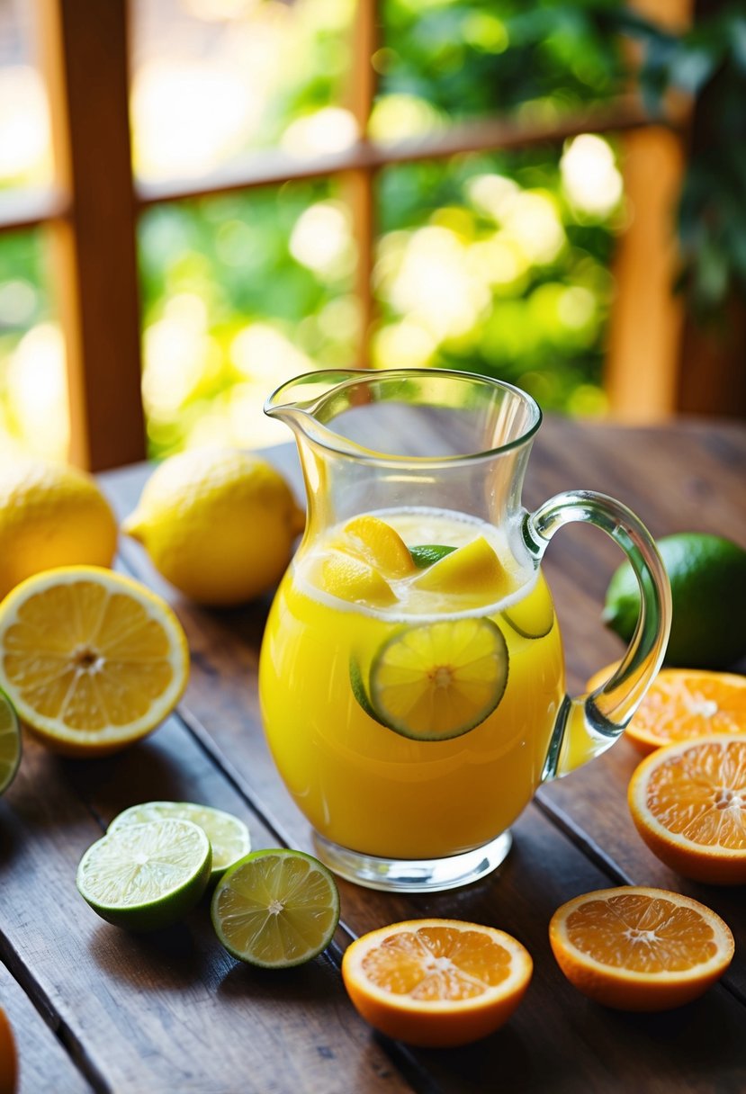 A glass pitcher filled with vibrant yellow Citrus Sunshine Refresher juice surrounded by sliced lemons, limes, and oranges on a wooden table