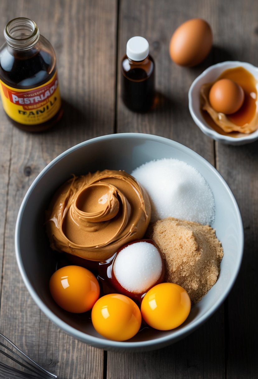 A mixing bowl filled with peanut butter, eggs, sugar, and vanilla extract