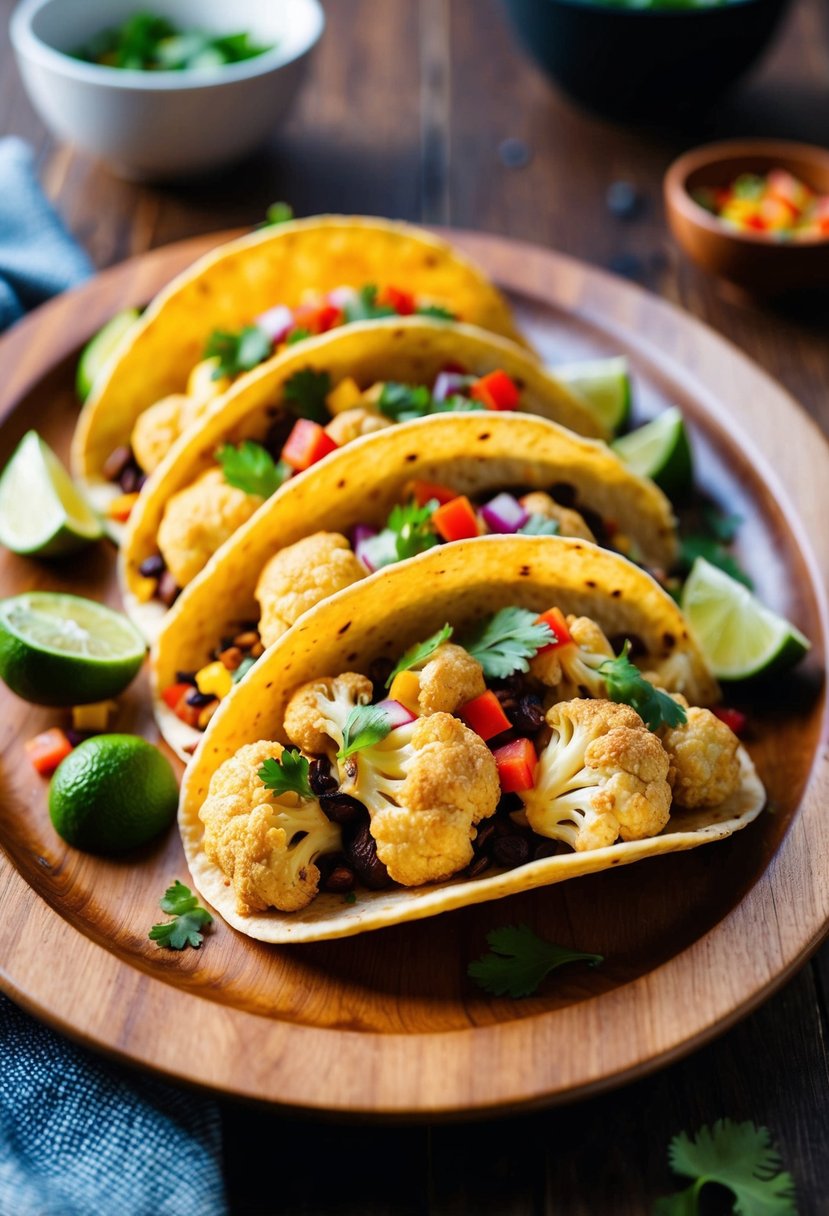 A platter of roasted cauliflower tacos with colorful toppings on a wooden table