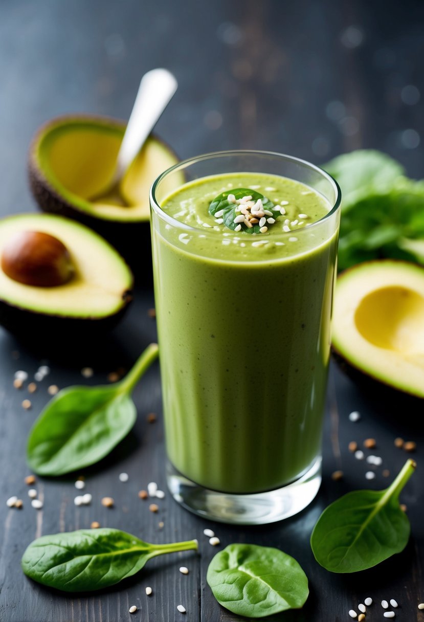 A glass of green spinach avocado smoothie with ingredients scattered around