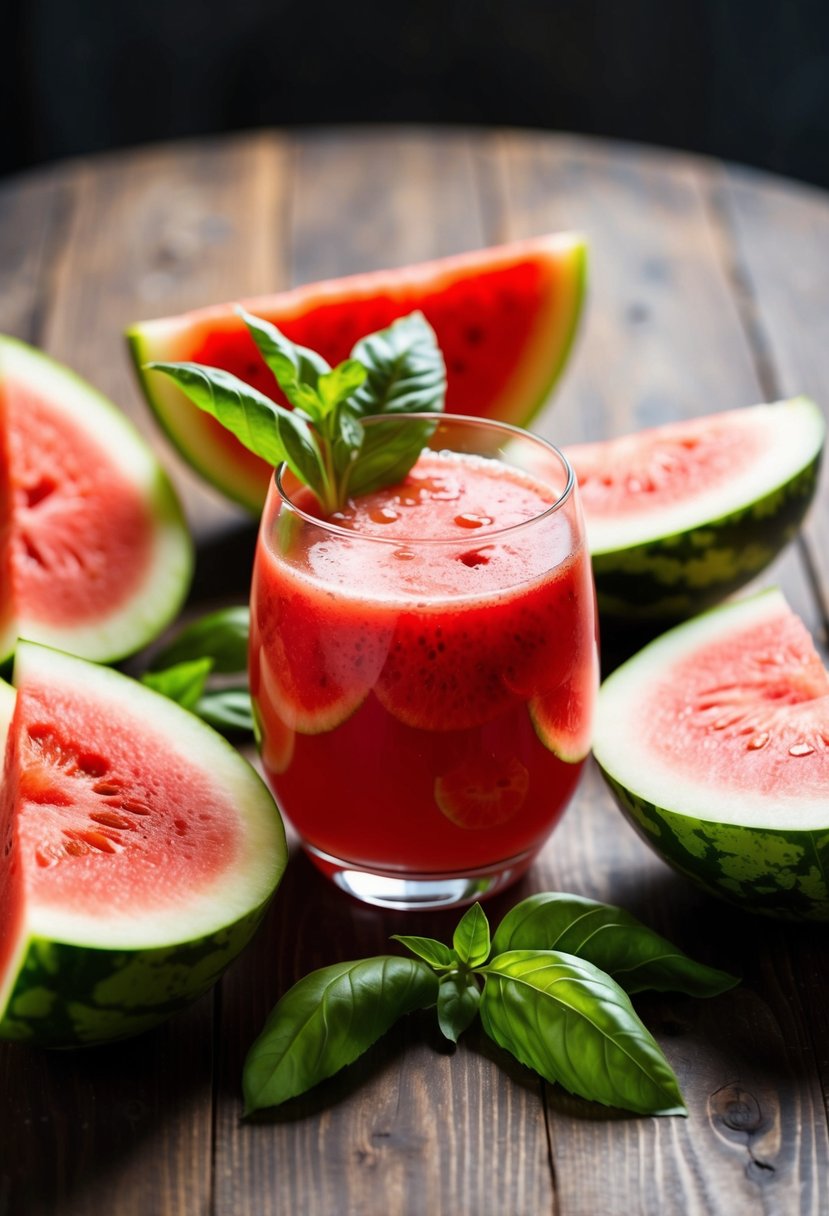 A glass of watermelon basil bliss juice surrounded by fresh watermelon slices and basil leaves on a wooden table