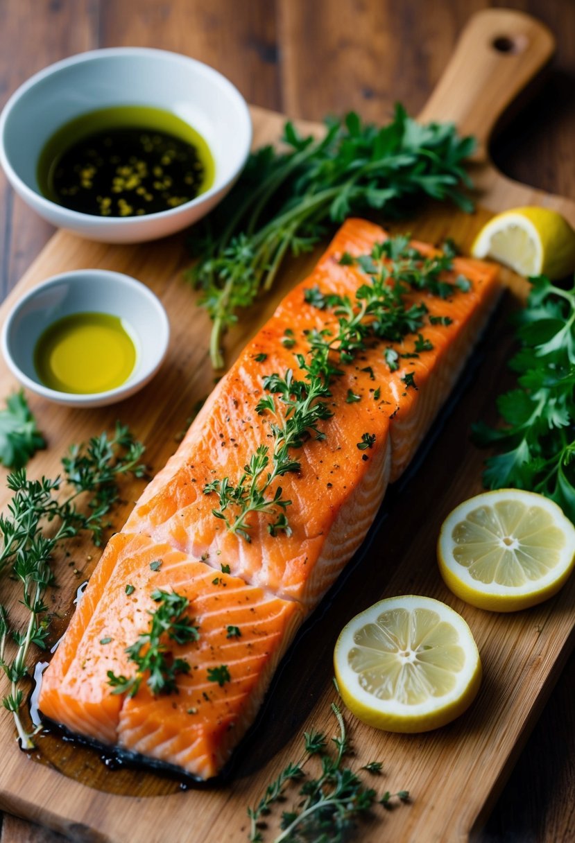 A wooden cutting board with a fillet of baked salmon, surrounded by fresh herbs, lemon slices, and a small bowl of olive oil