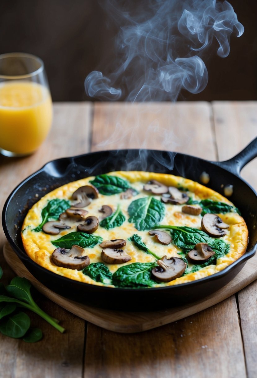 A sizzling frittata cooks in a skillet, filled with vibrant green spinach and earthy mushrooms, emitting a savory aroma