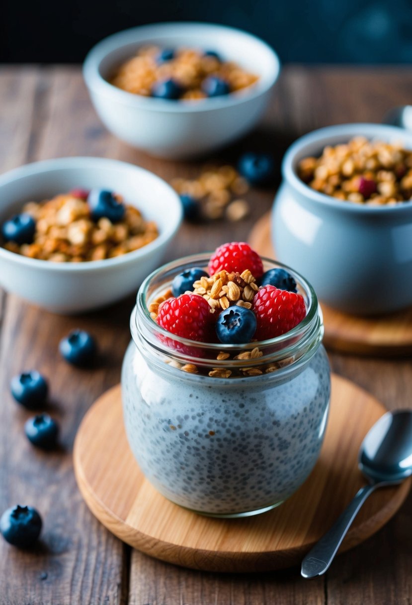 A glass jar filled with chia seed pudding topped with fresh berries and a sprinkle of granola, set on a wooden table