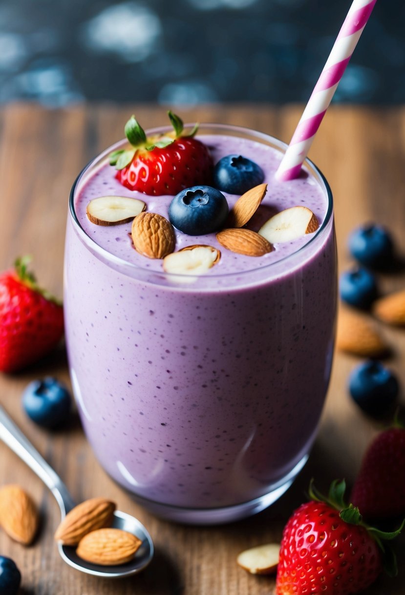 A glass filled with a creamy berry and almond smoothie, topped with fresh berries and sliced almonds