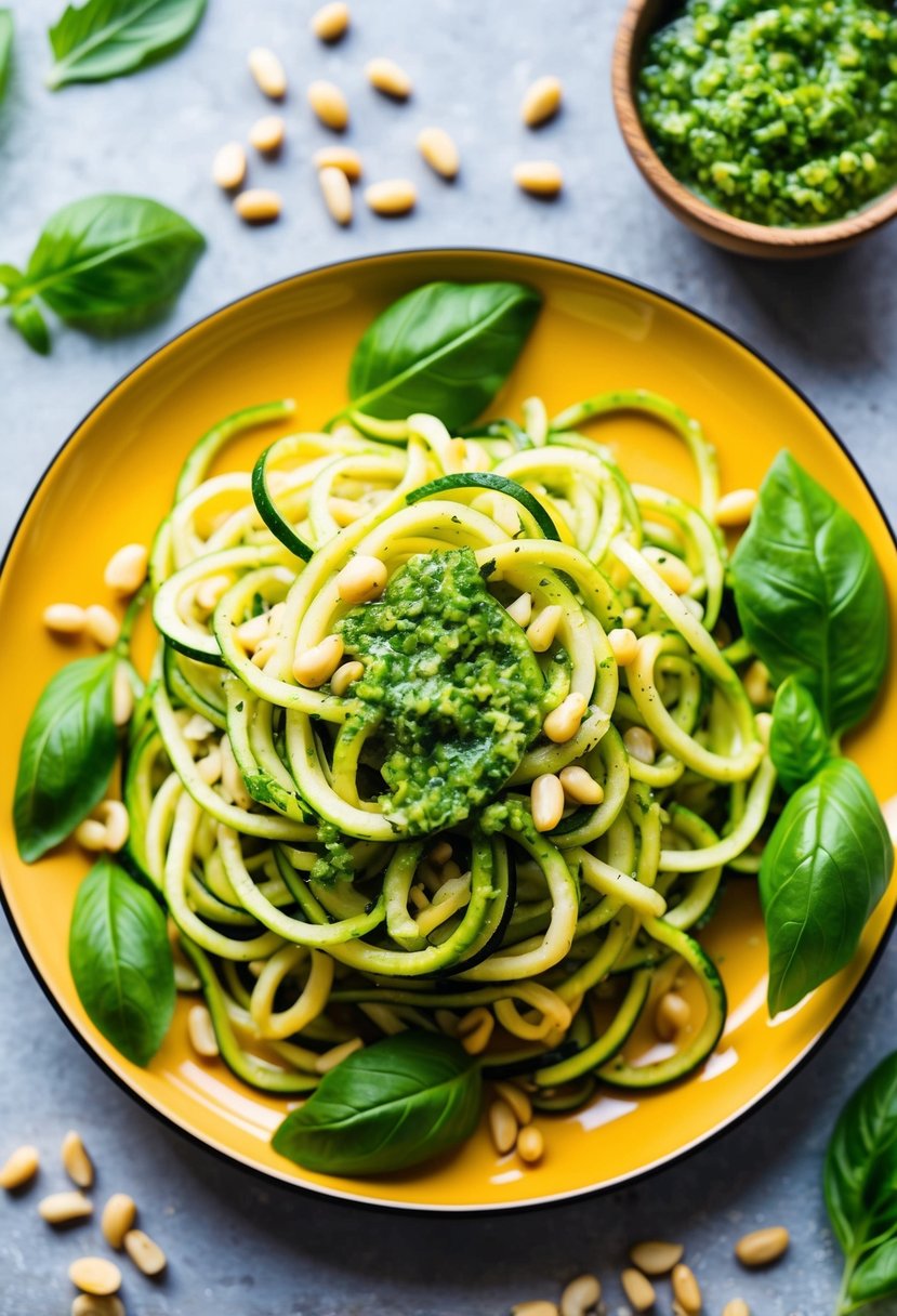 A colorful plate of zucchini noodles topped with vibrant green pesto, surrounded by fresh basil leaves and pine nuts