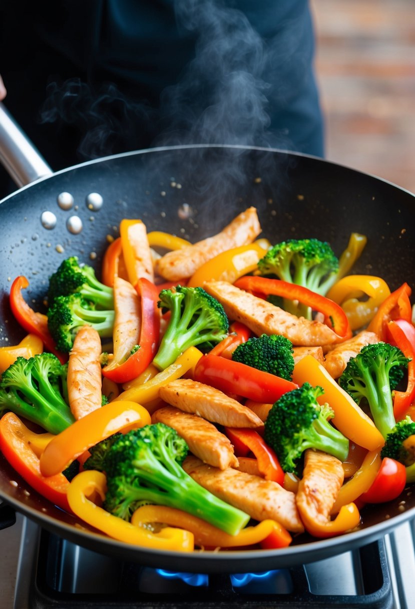 A sizzling wok filled with colorful bell peppers, tender strips of chicken, and vibrant green broccoli, all stir-frying together in a flavorful sauce