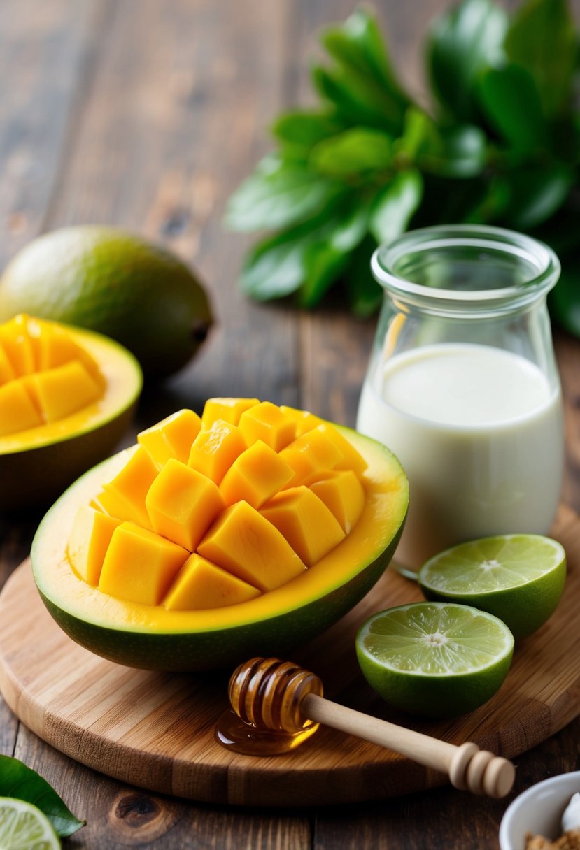 A ripe mango, coconut milk, honey, and lime arranged on a wooden cutting board