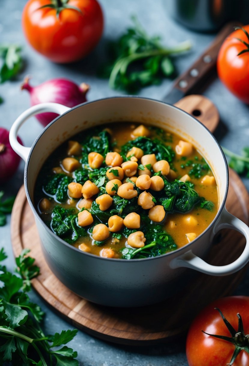 A simmering pot of chickpea and spinach stew, surrounded by fresh ingredients like tomatoes, onions, and herbs