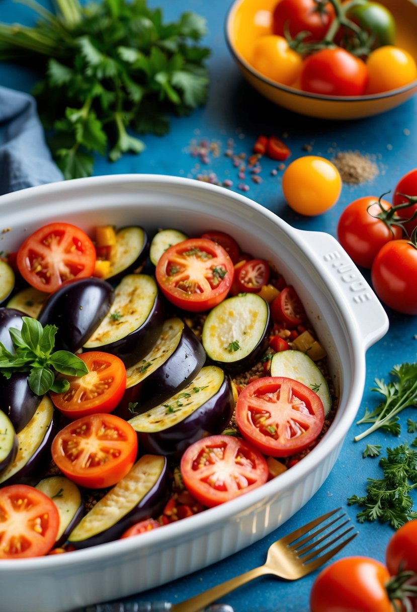 A colorful array of sliced eggplants and tomatoes arranged in a baking dish, surrounded by vibrant spices and herbs