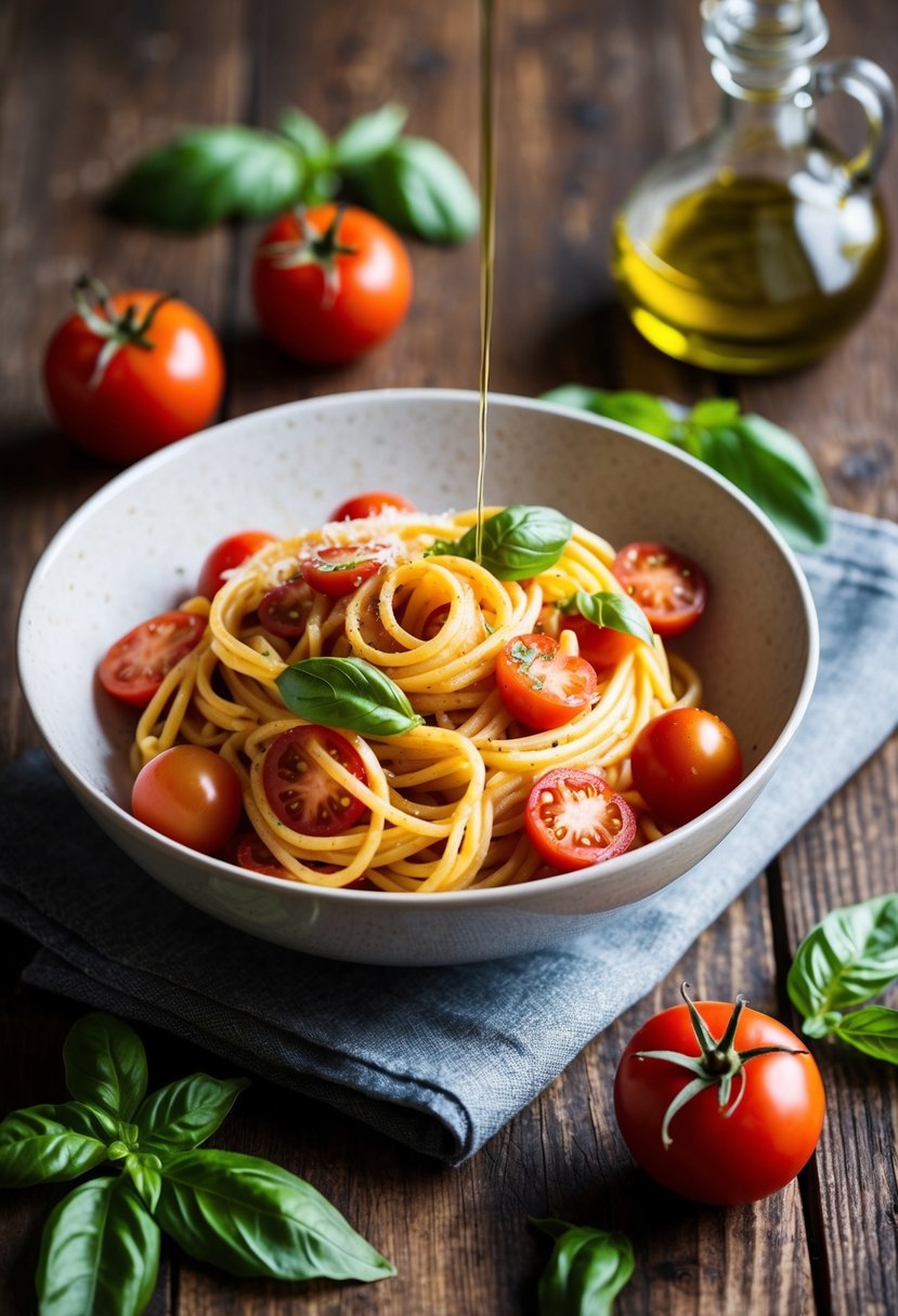 A bowl of tomato basil pasta sits on a rustic wooden table, surrounded by fresh tomatoes, basil leaves, and a drizzle of olive oil