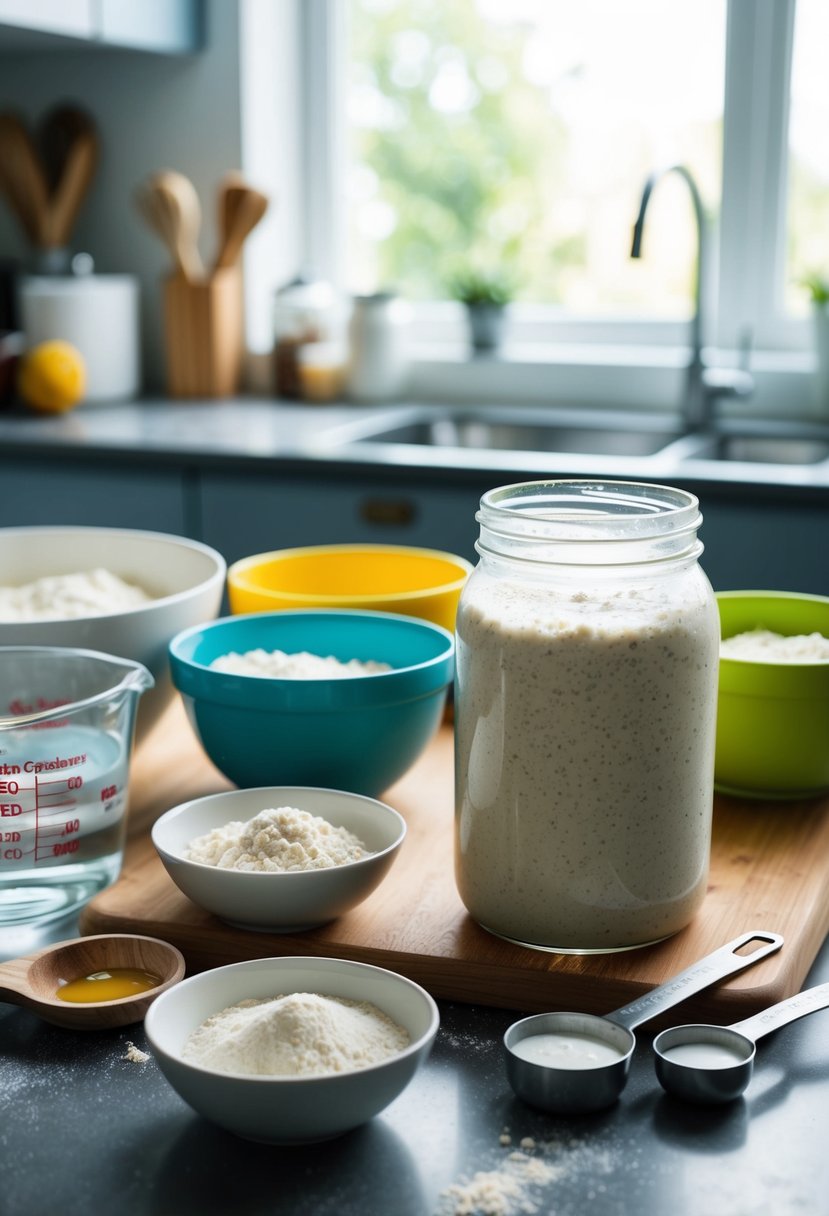 A kitchen counter with bowls, measuring cups, and a jar of bubbly sourdough starter. Ingredients like flour and water are scattered around