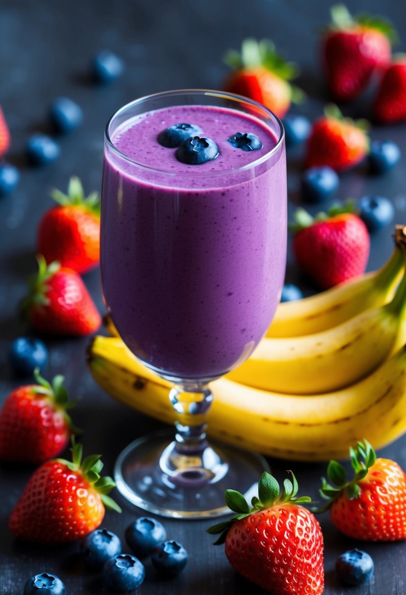 A glass filled with a vibrant purple berry smoothie, surrounded by fresh strawberries, blueberries, and a bunch of ripe bananas