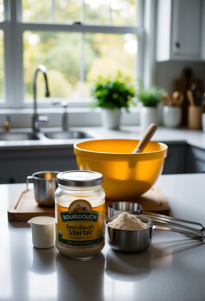 A kitchen counter with a mixing bowl, measuring cups, a jar of sourdough starter, and ingredients for pancakes