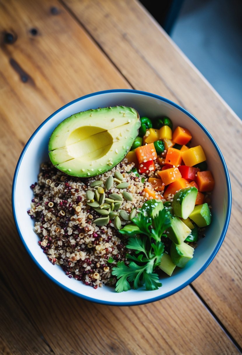 A colorful bowl filled with quinoa, mixed vegetables, avocado, and a sprinkle of seeds, sitting on a wooden table