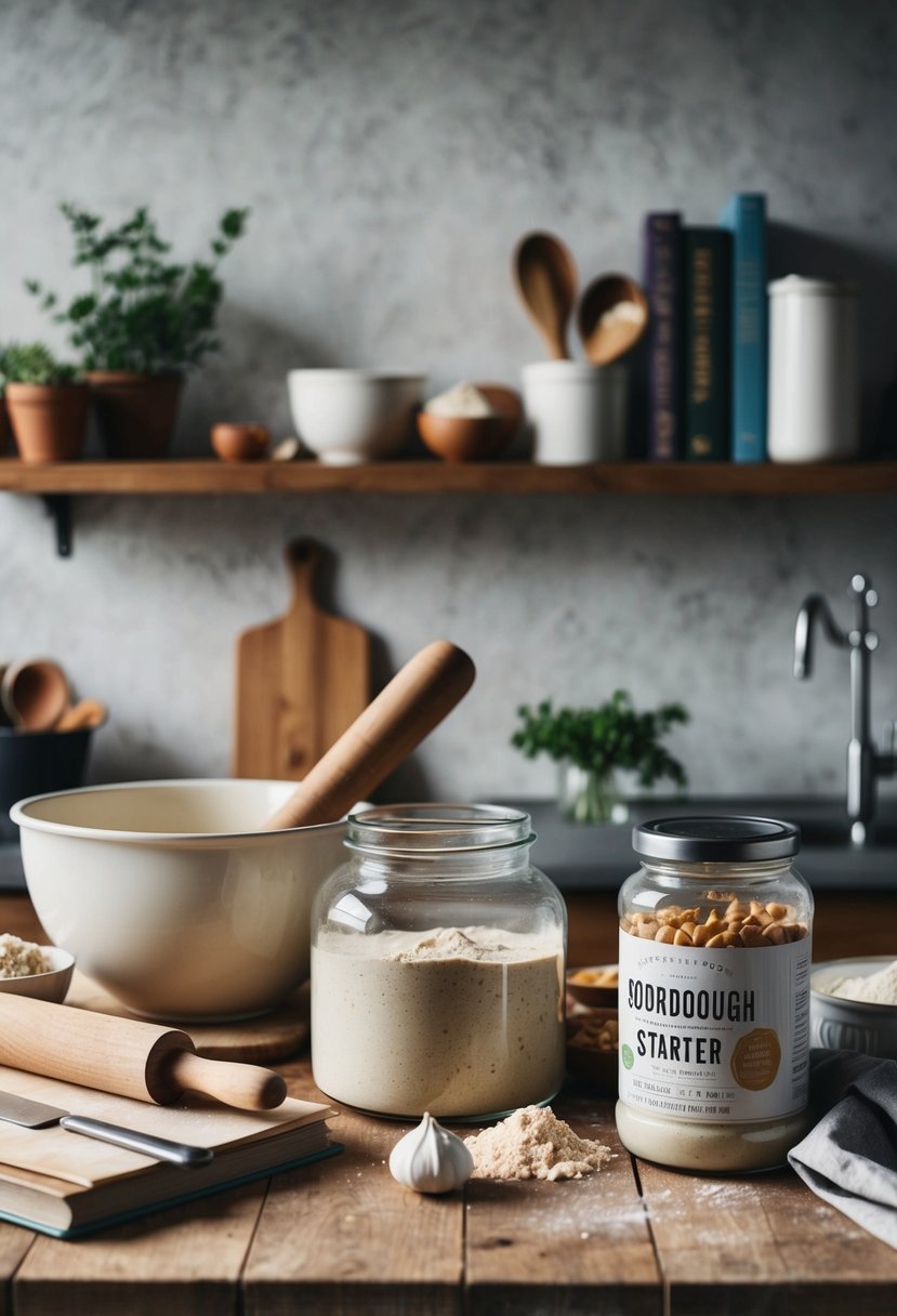 A rustic kitchen counter with ingredients, a mixing bowl, and a sourdough starter jar, surrounded by recipe books and a wooden rolling pin