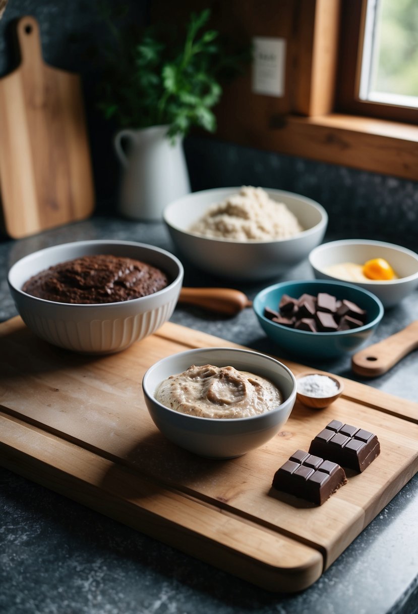 A rustic kitchen counter with a wooden cutting board, a bowl of active sourdough starter, and ingredients for chocolate sourdough bread