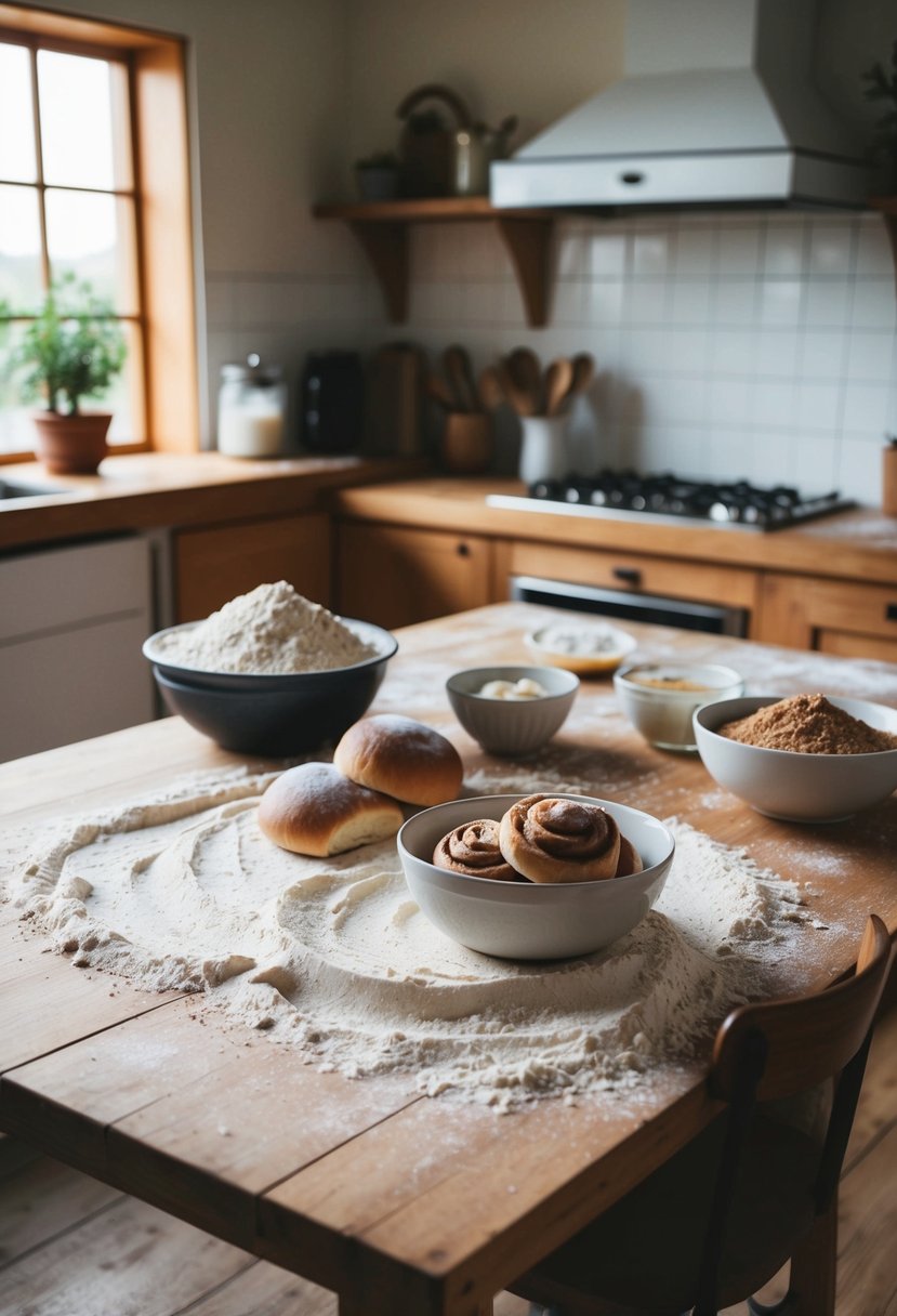 A rustic kitchen with a wooden table covered in flour, a bowl of sourdough starter, and ingredients for cinnamon rolls