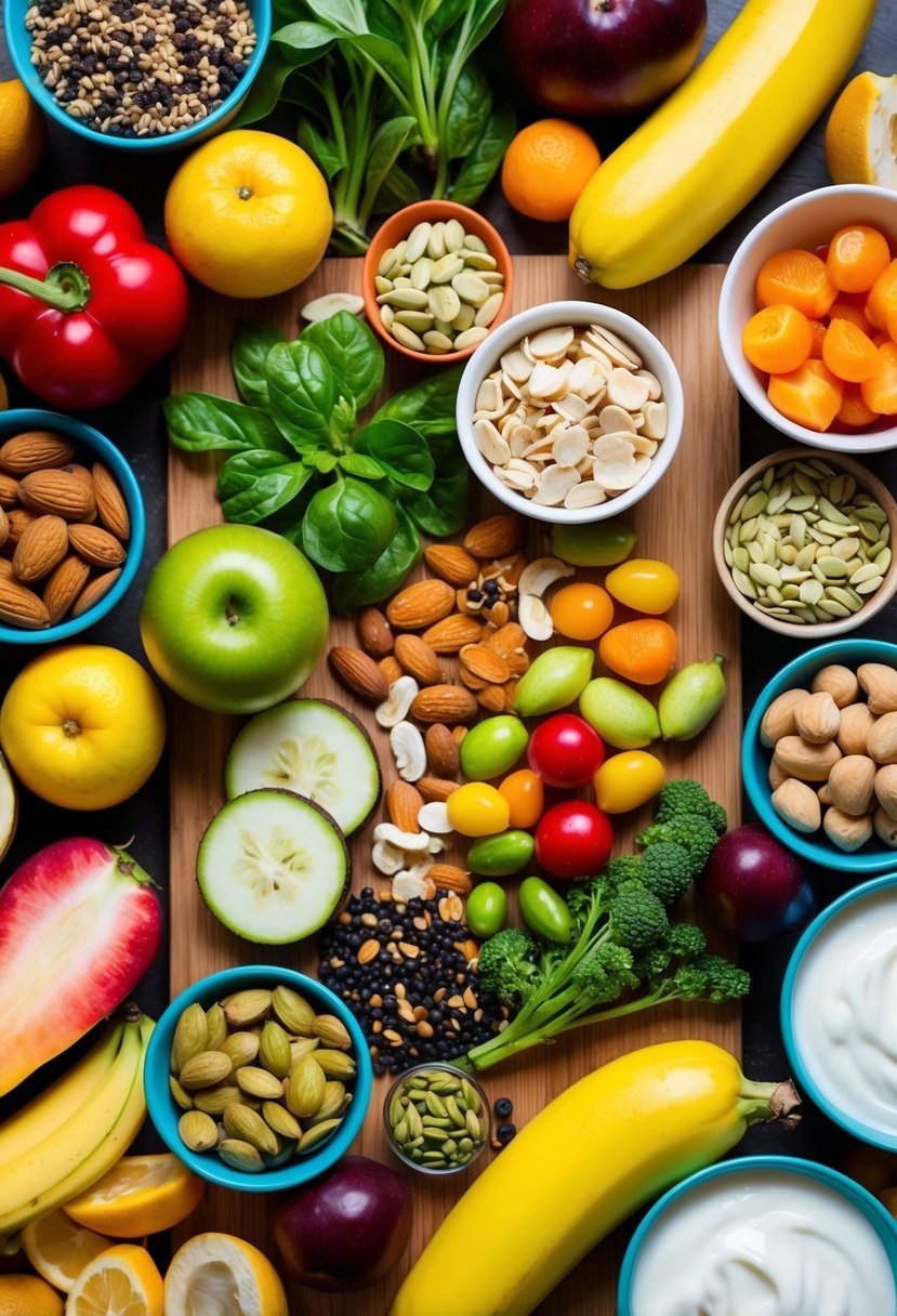 A colorful array of fresh fruits, vegetables, nuts, and seeds arranged on a wooden cutting board, surrounded by dairy-free alternatives like almond milk and coconut yogurt