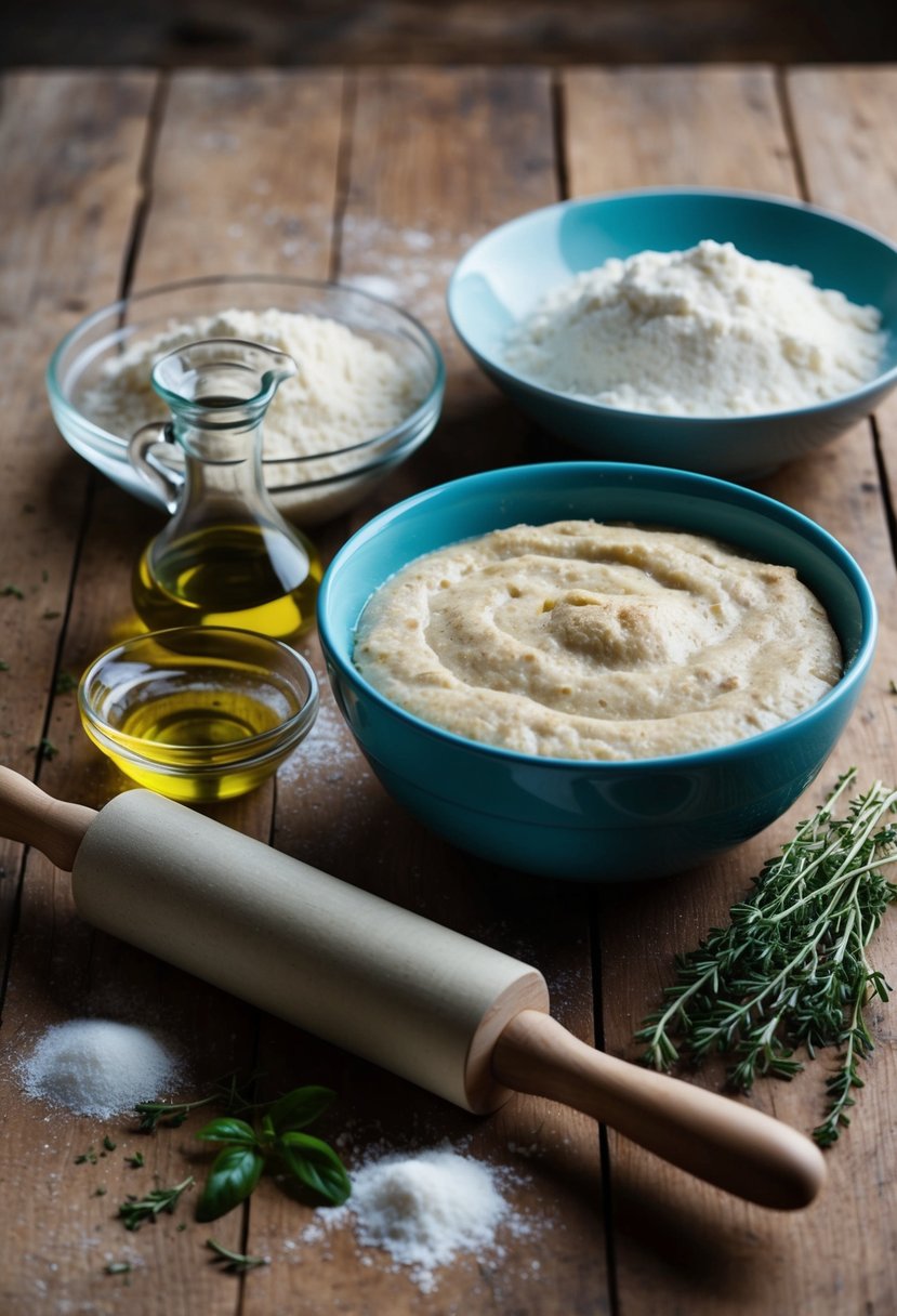 A rustic wooden table with a bowl of bubbly sourdough starter, a pile of flour, and a rolling pin. Ingredients like olive oil, salt, and herbs are scattered around