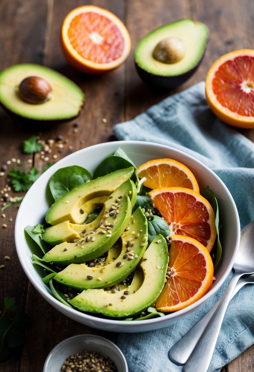 A vibrant bowl of avocado and citrus salad, with slices of ripe avocado, orange, and grapefruit, topped with a sprinkle of seeds and a drizzle of citrus vinaigrette