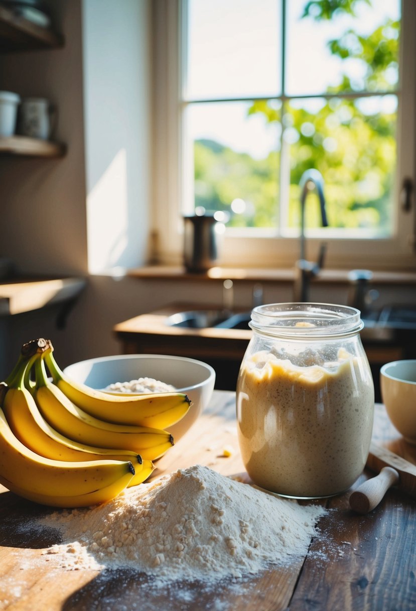 A rustic kitchen with a wooden table covered in flour, ripe bananas, a jar of sourdough starter, and a mixing bowl. Sunlight streams in through a window, casting a warm glow on the scene