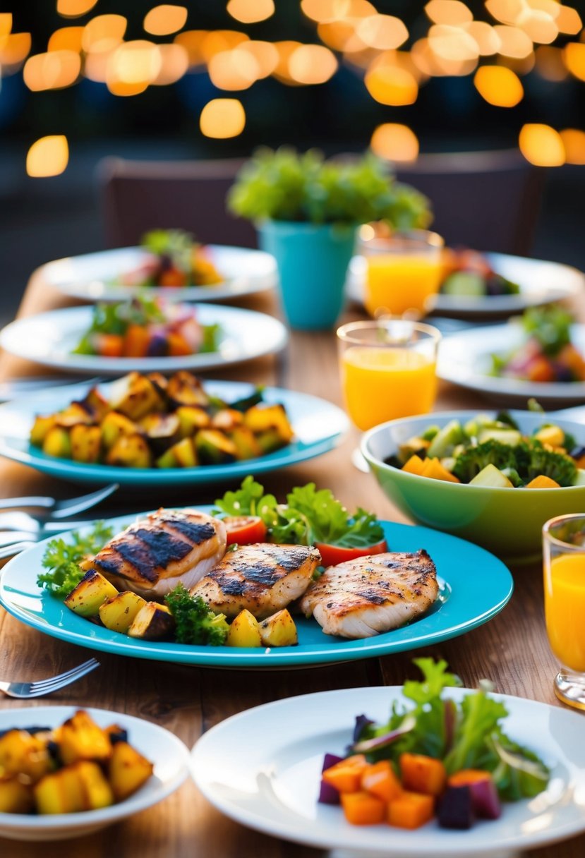 A table set with a colorful array of diabetic-friendly dinner dishes, including grilled chicken, roasted vegetables, and a fresh salad