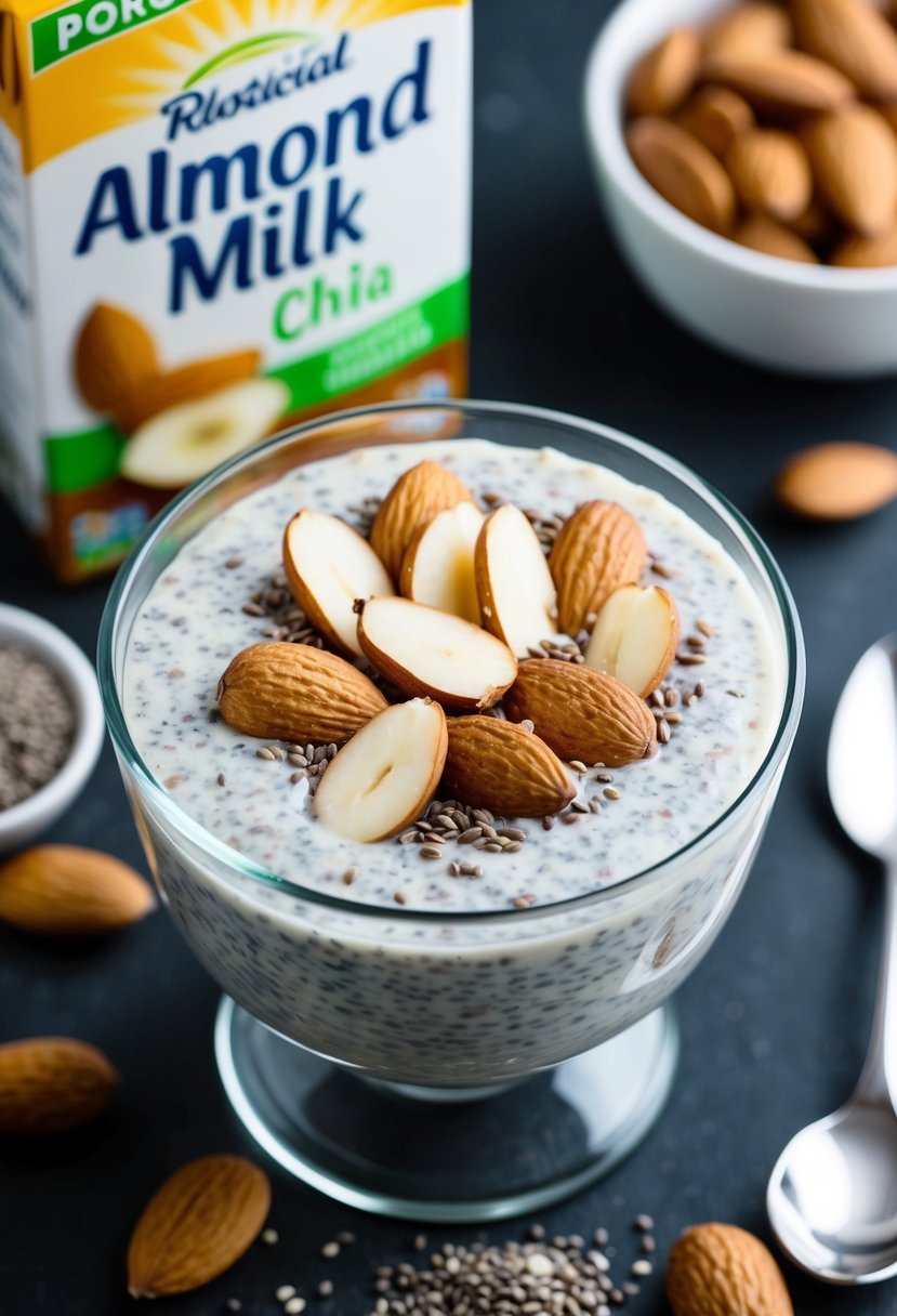 A glass bowl of chia pudding topped with sliced almonds, surrounded by a carton of almond milk and a scattering of chia seeds