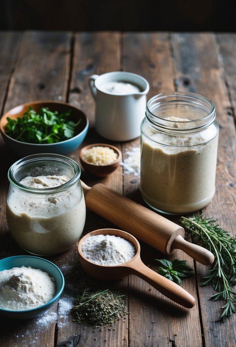 A rustic wooden table adorned with various ingredients and utensils, including a jar of sourdough starter, flour, herbs, and a rolling pin