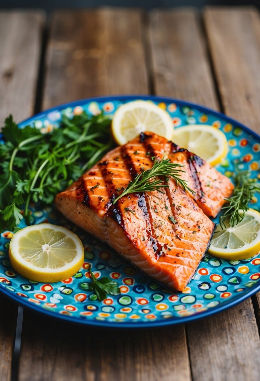 A colorful plate with grilled salmon, lemon slices, and fresh herbs