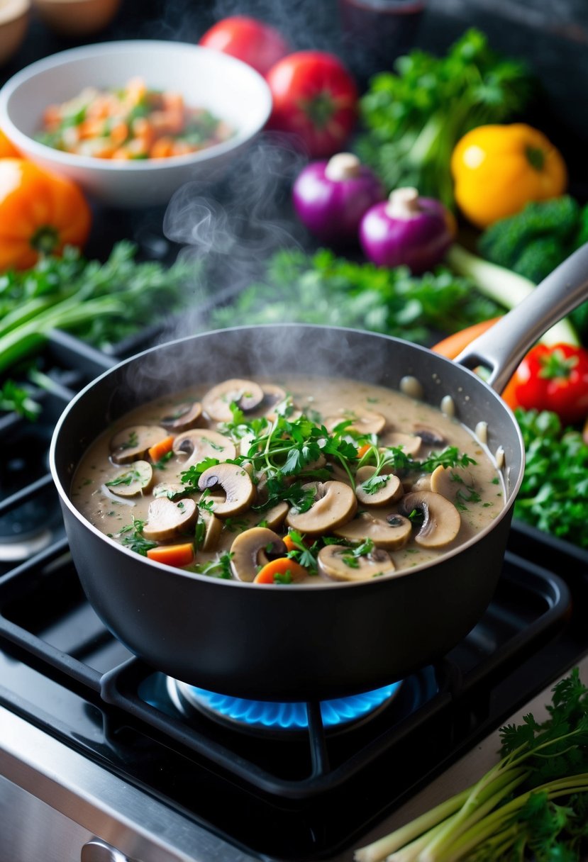 A steaming pot of vegan mushroom stroganoff simmering on a stove, surrounded by fresh herbs and colorful vegetables