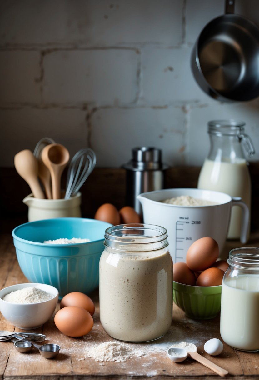 A rustic kitchen counter with a mixing bowl, measuring cups, and a jar of bubbling sourdough starter, surrounded by ingredients like flour, eggs, and milk