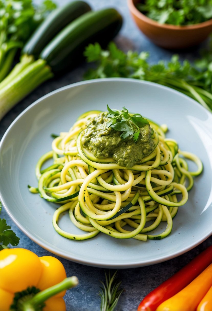 A plate of zucchini noodles topped with pesto sauce, surrounded by colorful vegetables and herbs