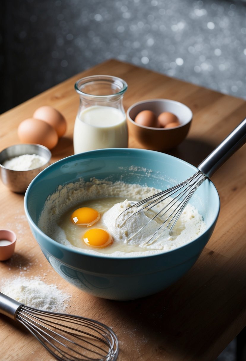 A mixing bowl with sourdough starter, flour, eggs, and milk. A whisk and measuring cups on a wooden table