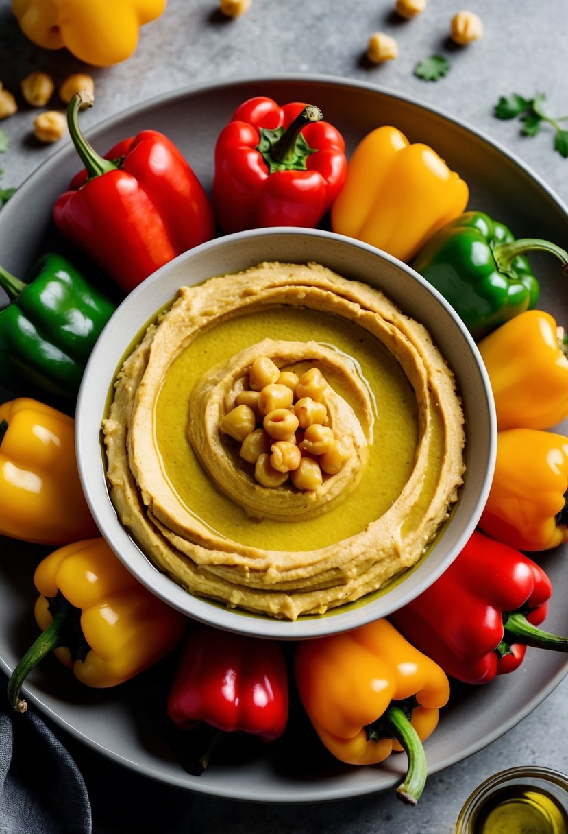 A bowl of creamy roasted red pepper hummus surrounded by colorful bell peppers, chickpeas, and a drizzle of olive oil