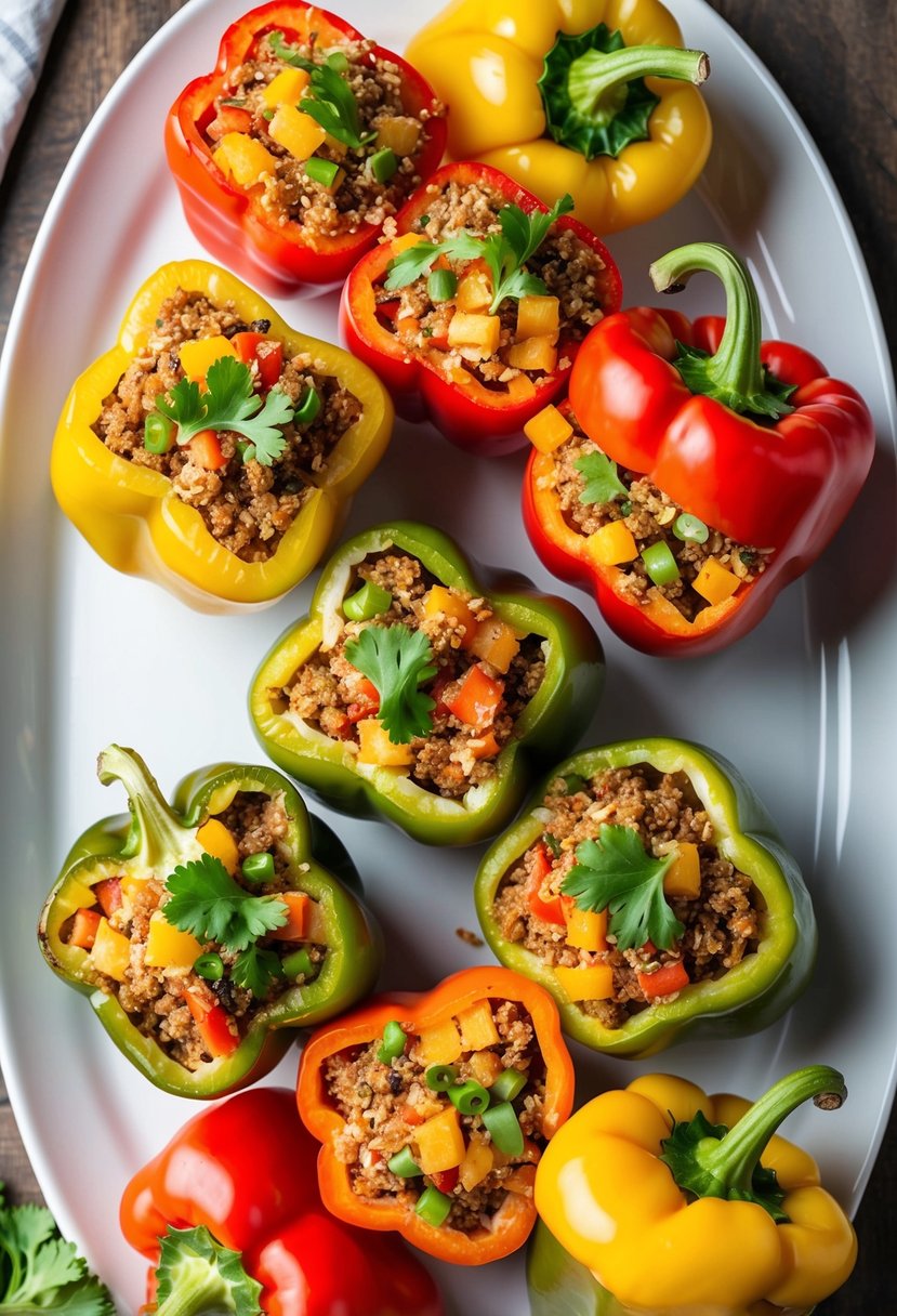 A colorful array of stuffed bell peppers, filled with a savory mixture of lean ground turkey, quinoa, and diced vegetables, arranged on a white plate